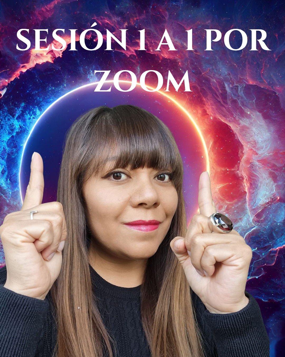 mujer apuntado hacia arriba a un letrero que dice: sesión 1 a 1 por zoom