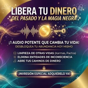 imagen con fondo dorado, morado, con energias y dice: elimina la magia negra con el dinero